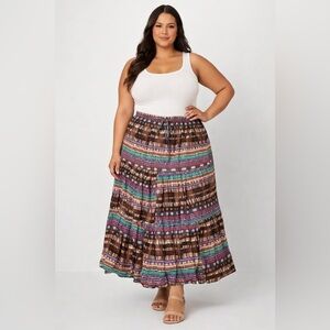 Edward Woman Boho Maxi Skirt Brown Multicolor Cotton Tie Waist 18W
